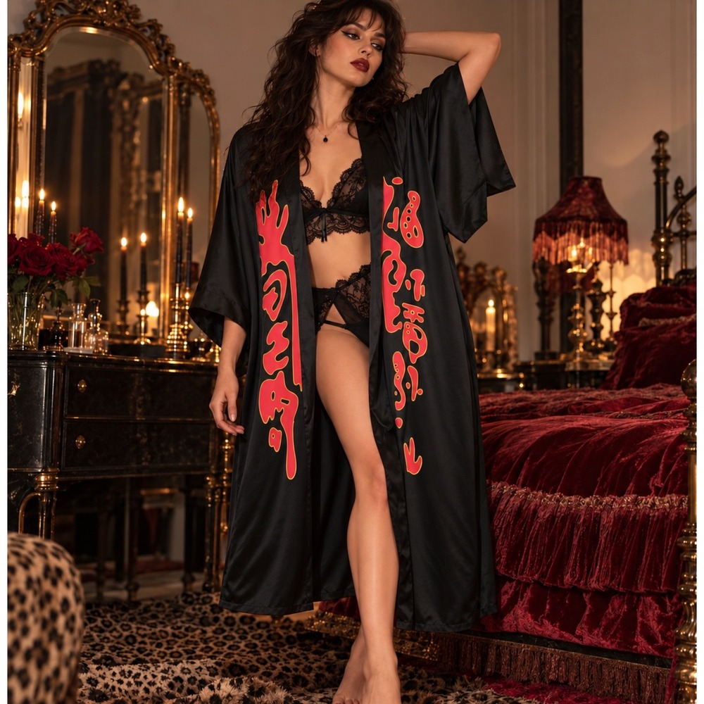 Hand Painted Silk Black 100% Silk Kimono Robe Black Red Goth Vamp NO BELT Glam